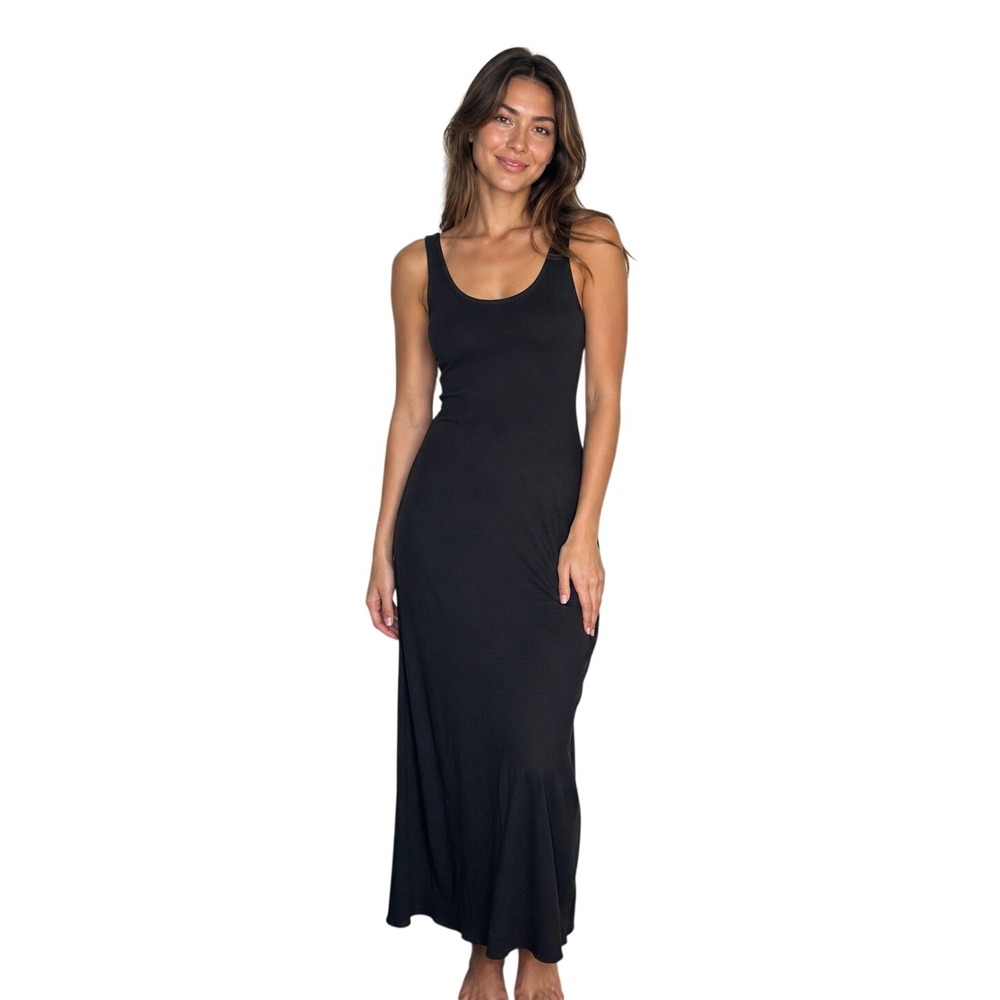 Victorias Secret Black Modal Ribbed Maxi Dress XL Sleeveless Scoop Neck Slit